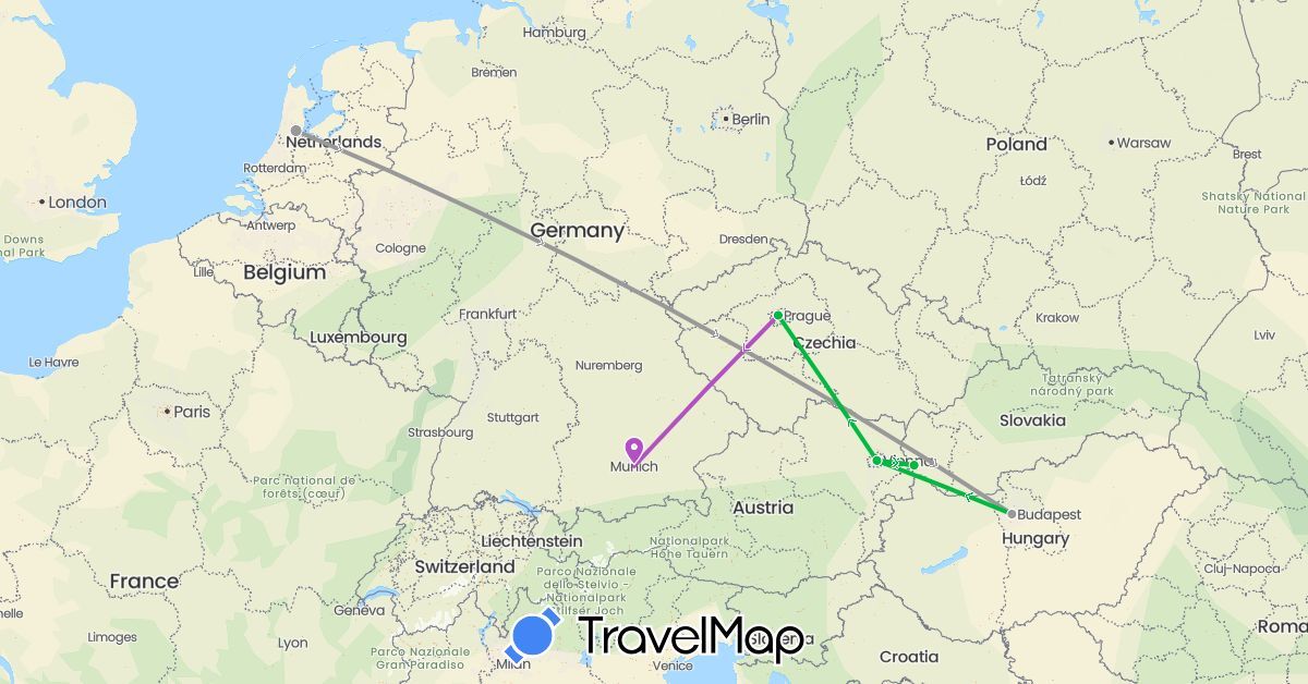 TravelMap itinerary: bus, plane, train in Austria, Czech Republic, Germany, Hungary, Netherlands, Slovakia (Europe)